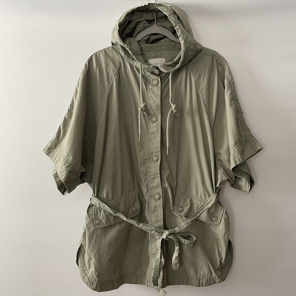 LOFT Hooded Short Sleeve Button Front Utility Jacket Green Women Size M-dmpv